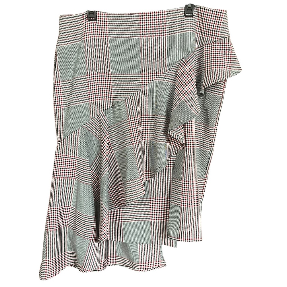 NWT ASOS Black & Red Plaid Asymmetrical Ruffle Midi Pencil Skirt Size 14